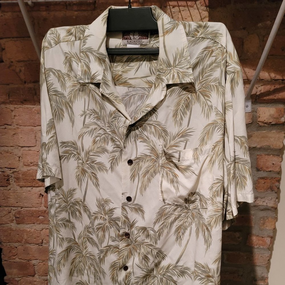 Kalaheo Hawaiian Shirt Palm Trees L Large Made in USA 100% Rayon